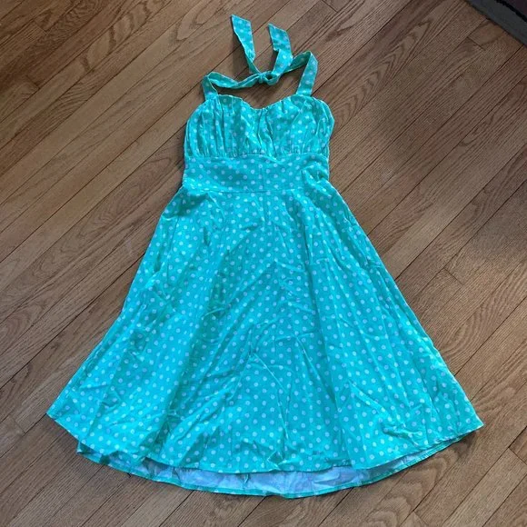 Dresses | Lime Green Polka Dot Pin Up Halter Swing Dress Sz Med | Poshmark
